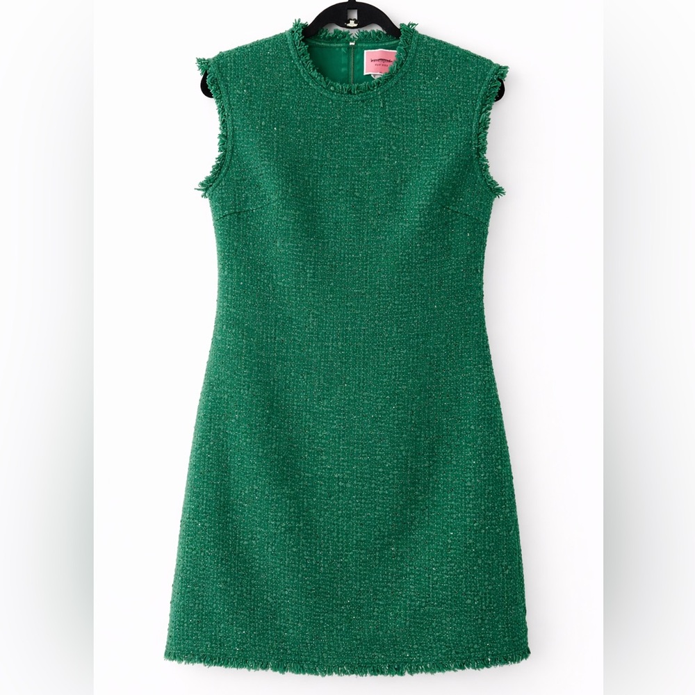 Kate Spade Green Tweed Shift Dress Sz 0 Fringe Trim Sleeveless Classic Chic NWOT - Picture 5 of 8